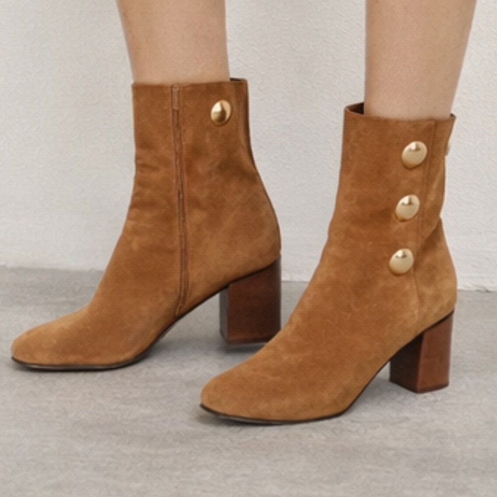 Chloe Tan Suede Heeled Boots with Gold Accents size 8